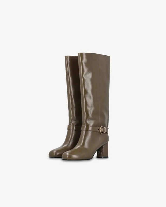 Pinko Heeled High Boots In Bright Nappa Leather Army Green Women Boots
