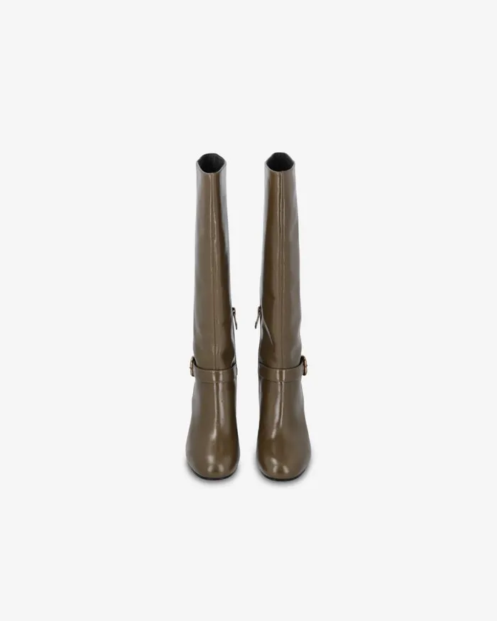 Pinko Heeled High Boots In Bright Nappa Leather Army Green Women Boots