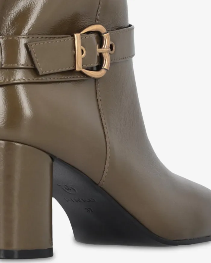 Pinko Heeled High Boots In Bright Nappa Leather Army Green Women Boots