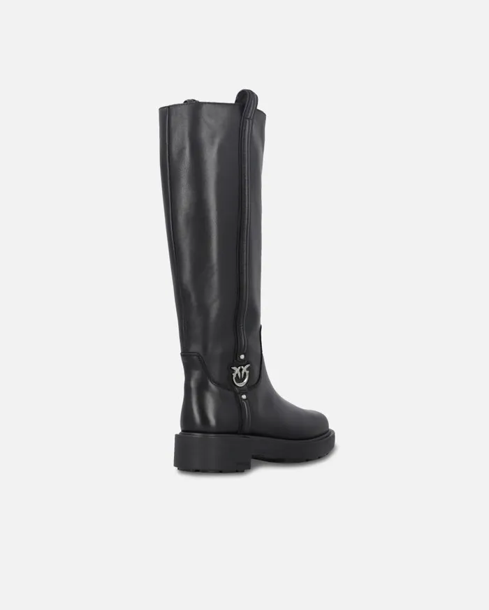 Pinko High Leather Boots With Logo Detail Limo Black Women Boots
