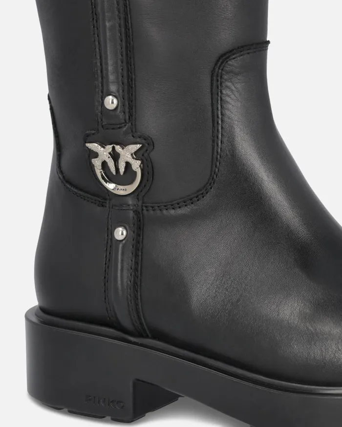 Pinko High Leather Boots With Logo Detail Limo Black Women Boots