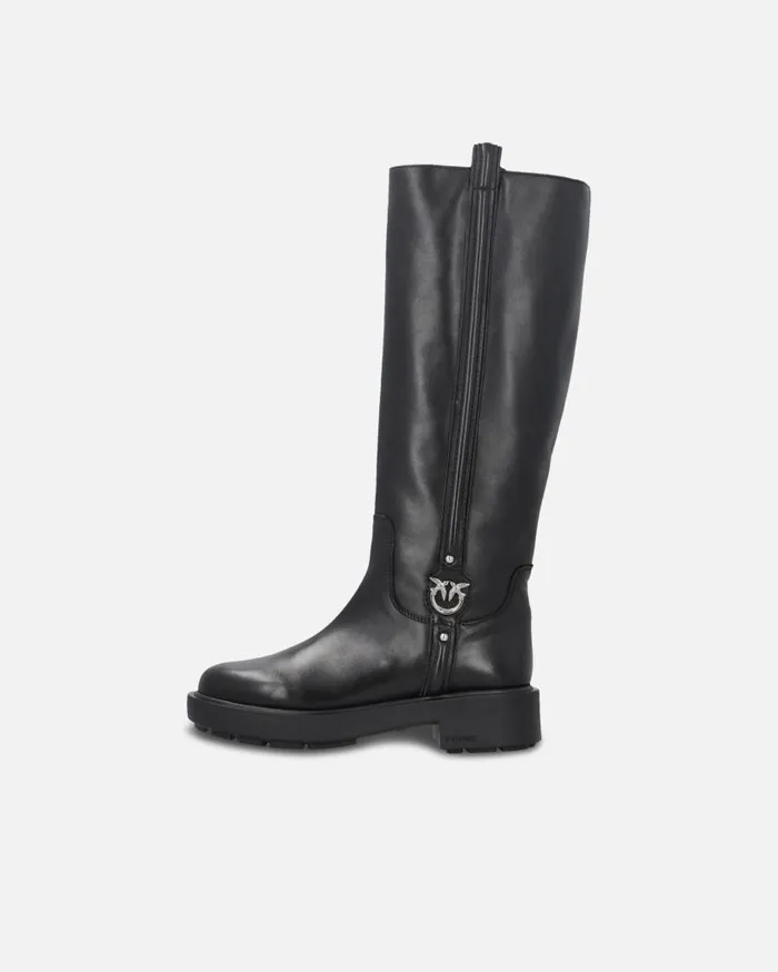 Pinko High Leather Boots With Logo Detail Limo Black Women Boots