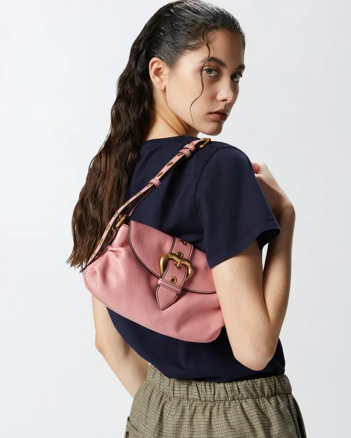 Pinko Jolene Small Shoulder Bag With Metal Strap Peach Flowerantiquegold Women Shoulder Bags