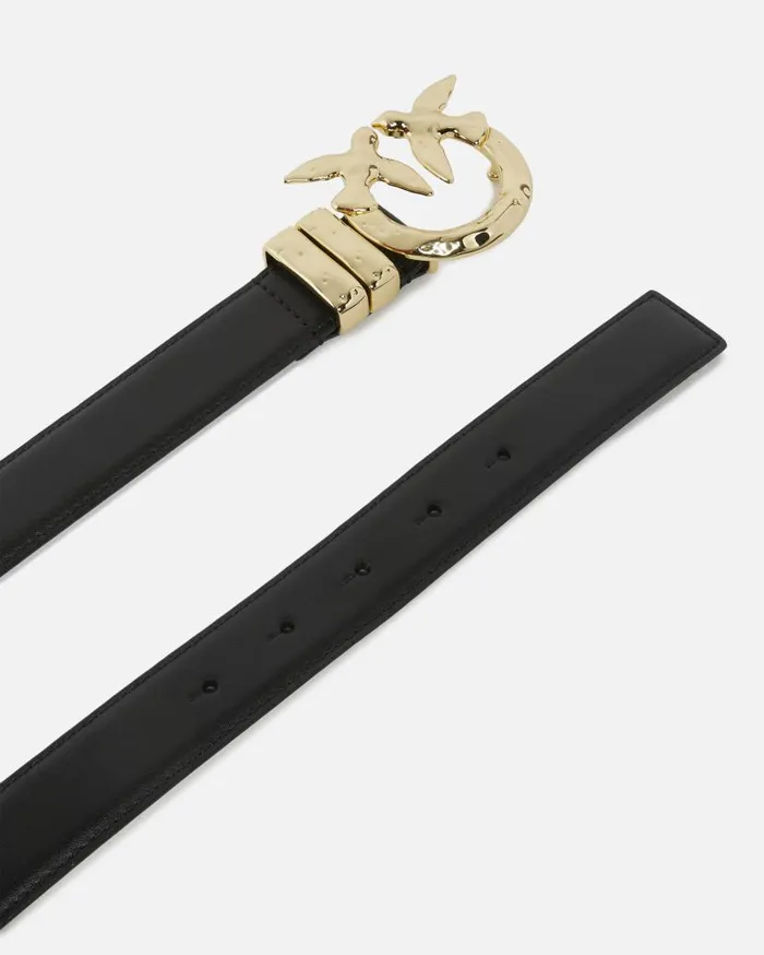 Pinko Leather Belt With Hammered Metal Buckle 3 Cm Blacklight Gold Women Belts
