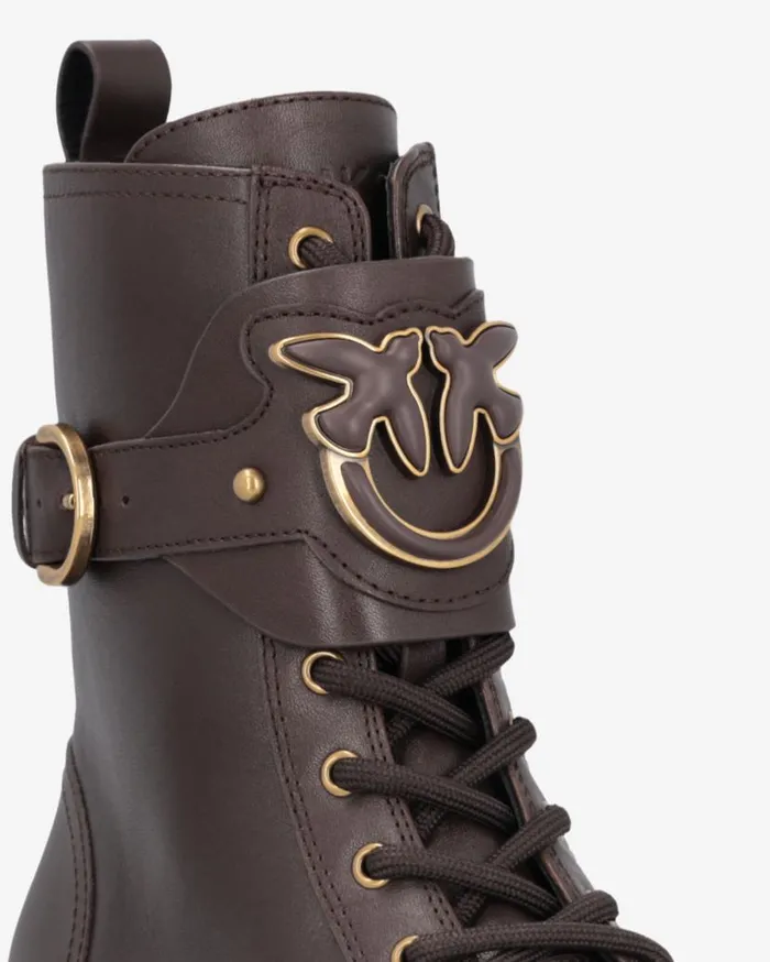 Pinko Leather Combat Boots With Branded Front Strap Peppercorn Women Boots