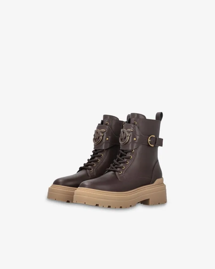Pinko Leather Combat Boots With Branded Front Strap Peppercorn Women Boots