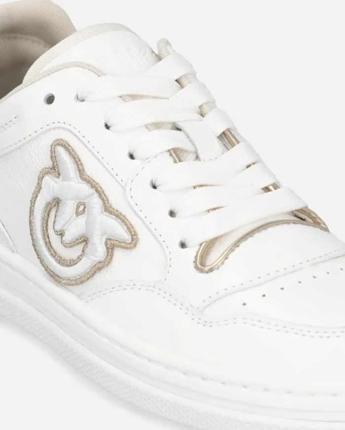 Pinko Leather Sneakers With Embroidered Side Logo Whitelight Gold Women Sneakers