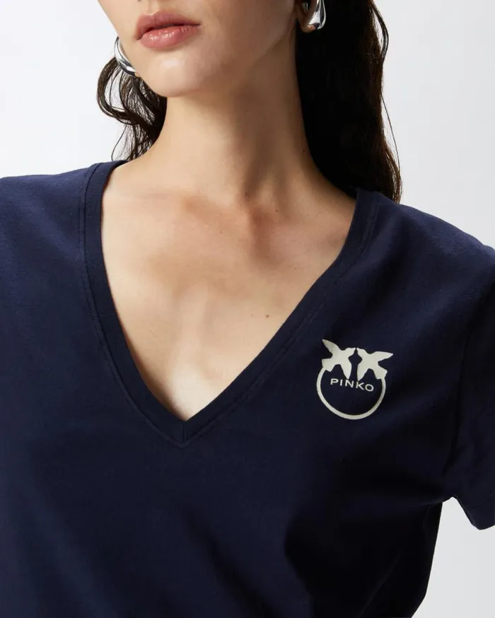 Pinko Logo Print Vneck Tshirt Total Eclipse Blue Women Topwear