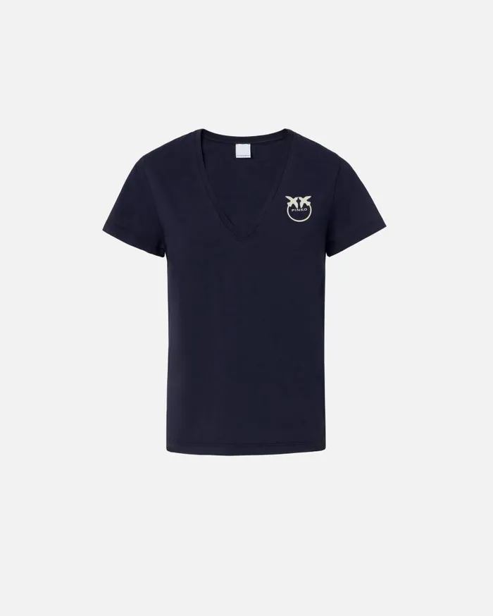 Pinko Logo Print Vneck Tshirt Total Eclipse Blue Women Topwear
