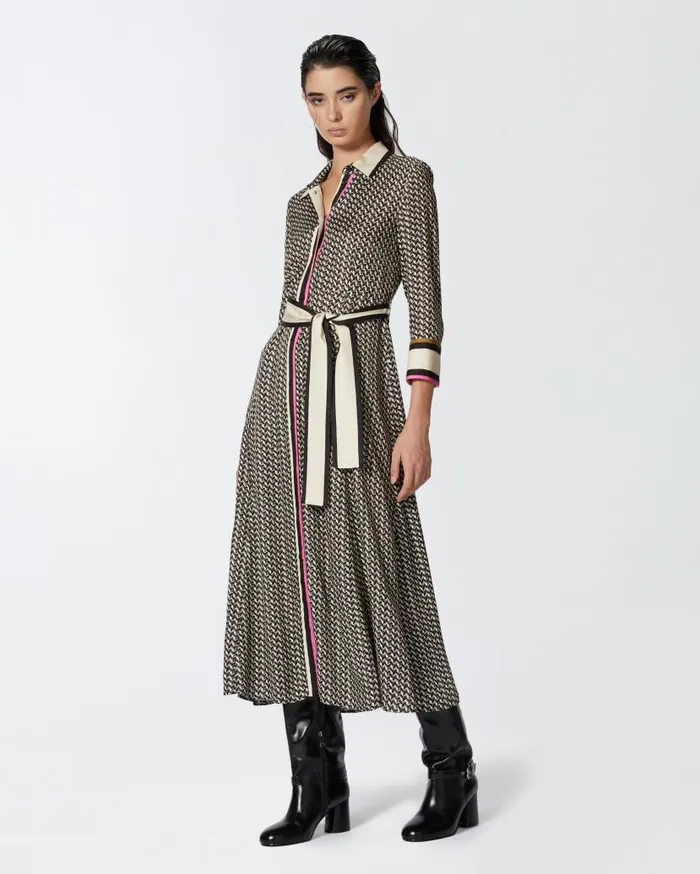 Pinko Long Shirt Dress With Foulard Print Multi Beigeblack Women Dresses