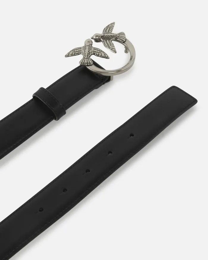 Pinko Love Birds Leather Belt 3cm Blackold Silver Women Belts