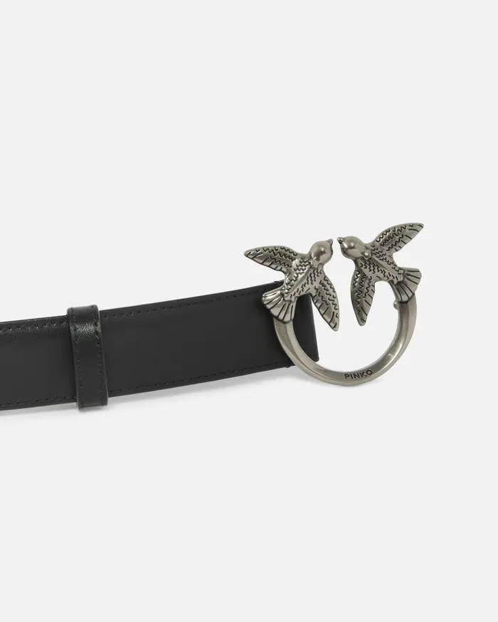 Pinko Love Birds Leather Belt 3cm Blackold Silver Women Belts