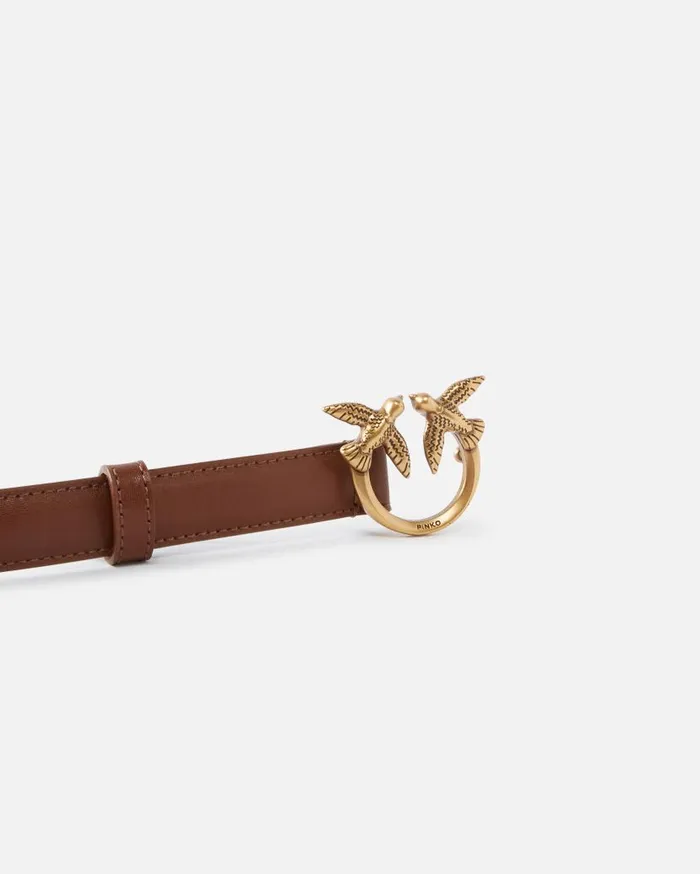 Pinko Love Birds Thin Leather Belt 2cm Tanantiquegold Women Belts