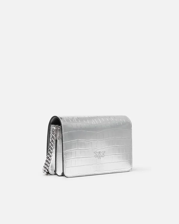 Pinko Mini Love Bag Click Bag In Metallic Crocodileprint Leather Silvershiny Nickel Women Crossbody Bags