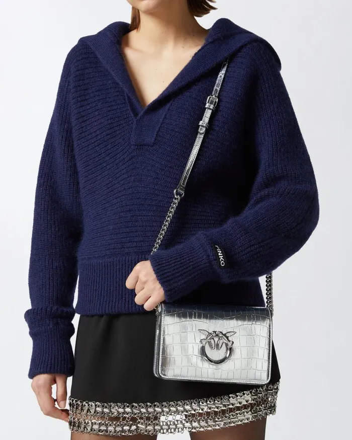 Pinko Mini Love Bag Click Bag In Metallic Crocodileprint Leather Silvershiny Nickel Women Crossbody Bags