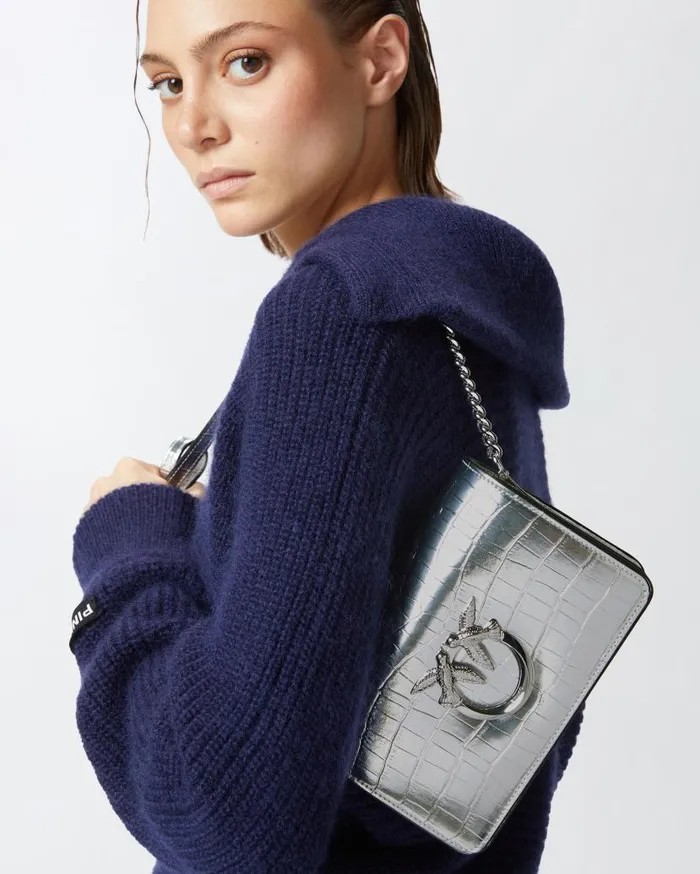 Pinko Mini Love Bag Click Bag In Metallic Crocodileprint Leather Silvershiny Nickel Women Crossbody Bags