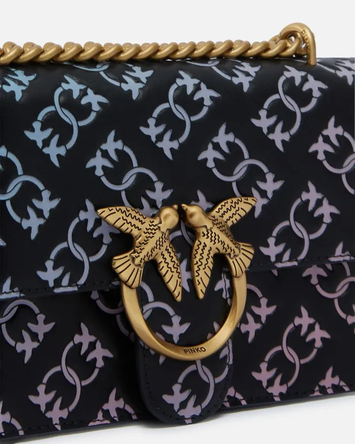 Pinko Mini Love Bag Crossbody Bag With Multicoloured Imprim Logo Blackmulticolouredantiquegold Women Crossbody Bags