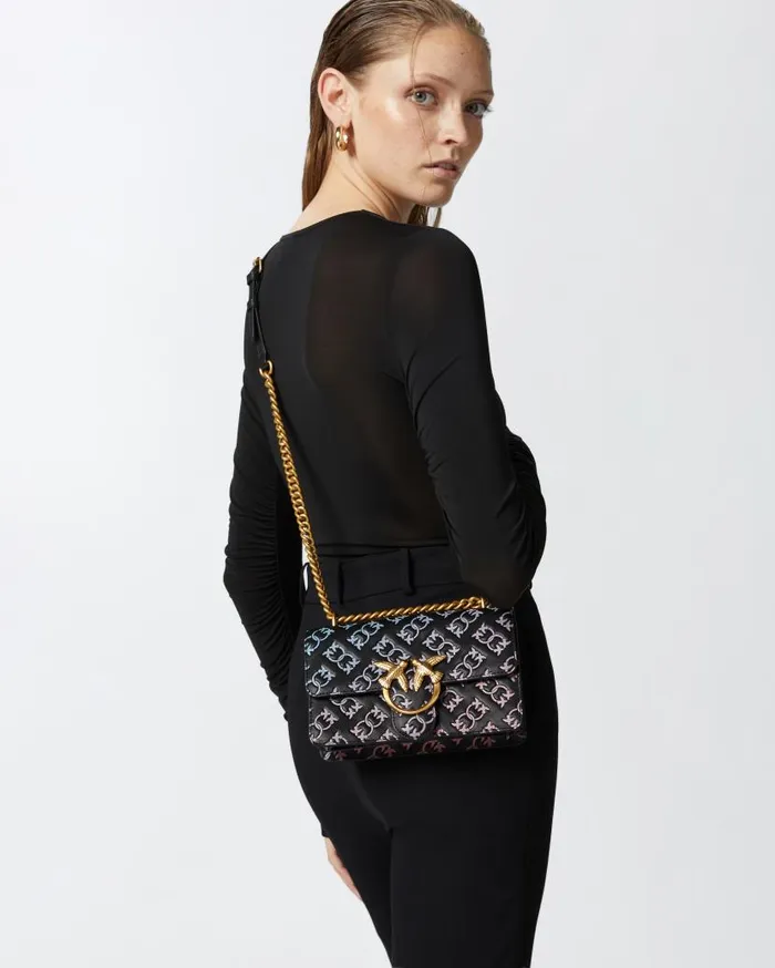 Pinko Mini Love Bag Crossbody Bag With Multicoloured Imprim Logo Blackmulticolouredantiquegold Women Crossbody Bags