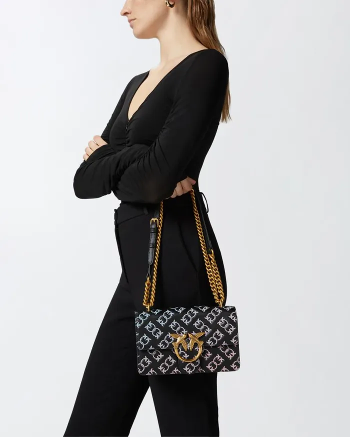 Pinko Mini Love Bag Crossbody Bag With Multicoloured Imprim Logo Blackmulticolouredantiquegold Women Crossbody Bags