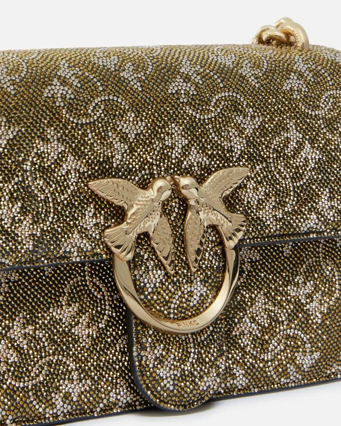 Pinko Mini Love Bag Leather Crossbody Bag With Monogram Rhinestone Bronzegoldgold Women Evening Bags
