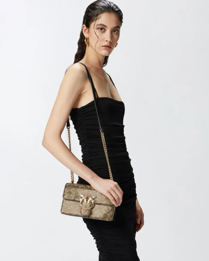 Pinko Mini Love Bag Leather Crossbody Bag With Monogram Rhinestone Bronzegoldgold Women Evening Bags