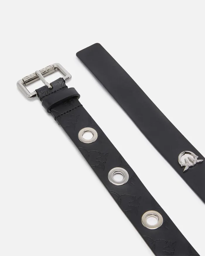 Pinko Monogramprint Belt With Eyelets 3cm Limo Blackshiny Nickel Women Belts