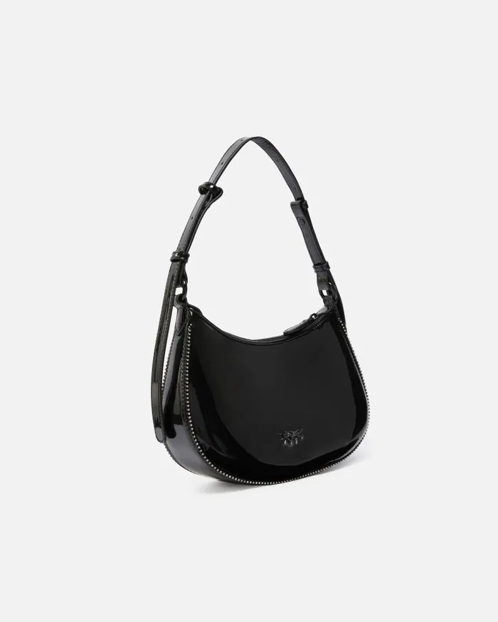 Pinko Patent Half Moon Handbag With Rhinestones Limo Black Block Colour Women Shoulder Bags