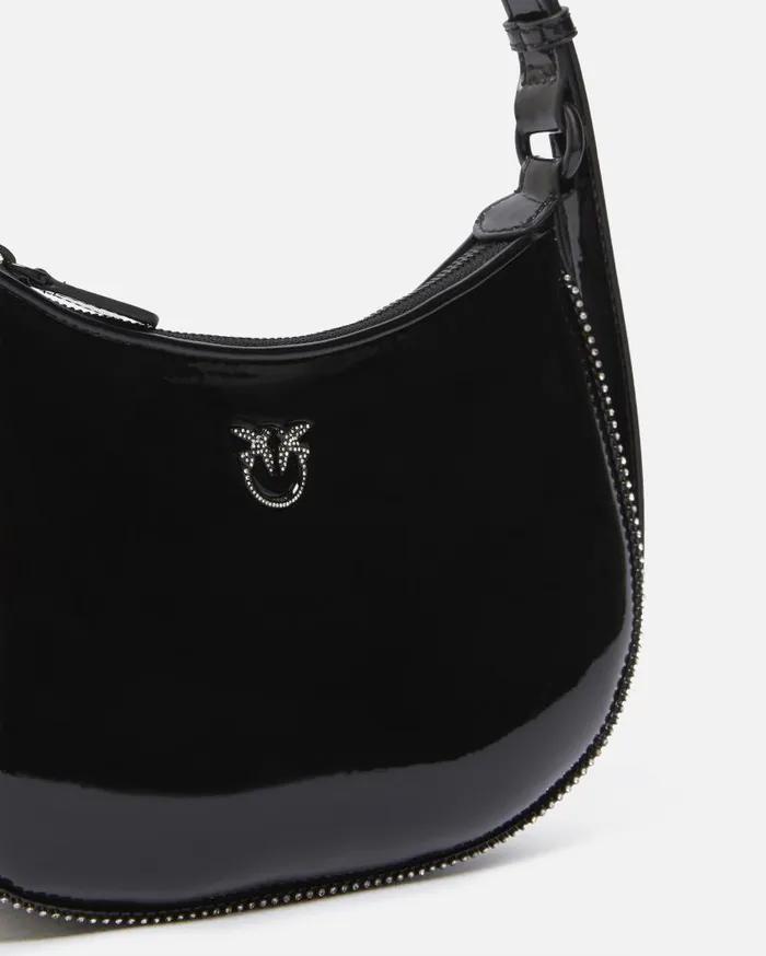 Pinko Patent Half Moon Handbag With Rhinestones Limo Black Block Colour Women Shoulder Bags