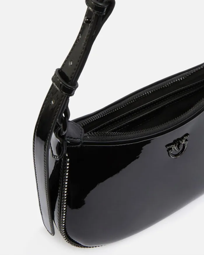 Pinko Patent Half Moon Handbag With Rhinestones Limo Black Block Colour Women Shoulder Bags