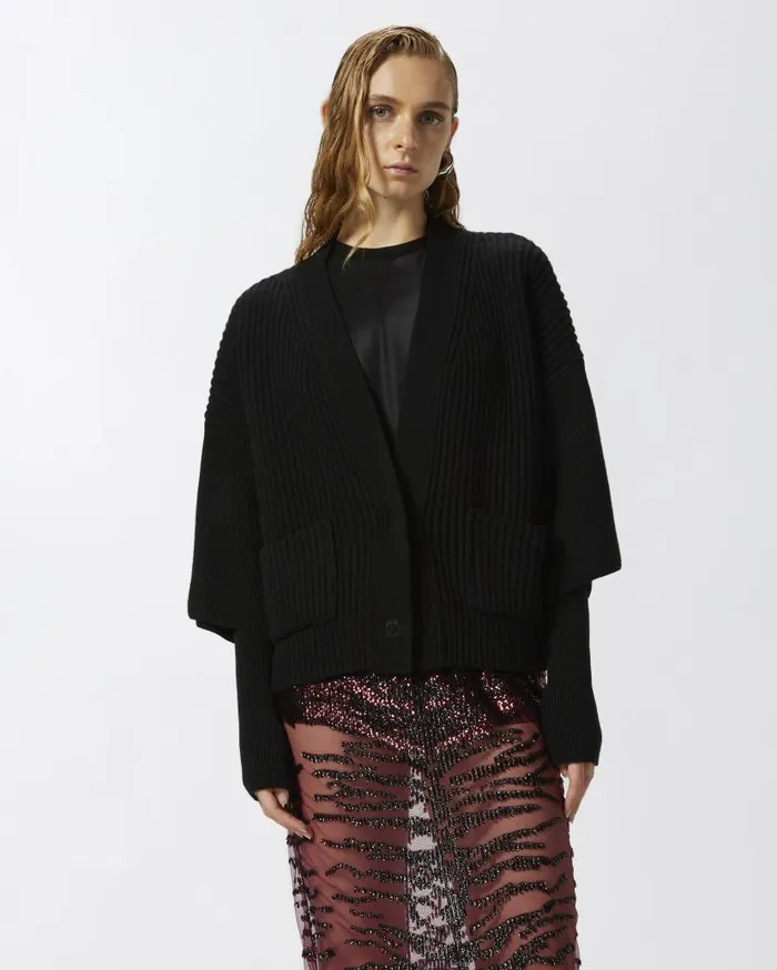 Pinko Ribbed Wool And Cashmere Cardigan Limo Black Women Knitwear