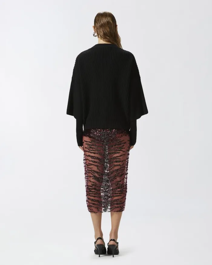 Pinko Ribbed Wool And Cashmere Cardigan Limo Black Women Knitwear