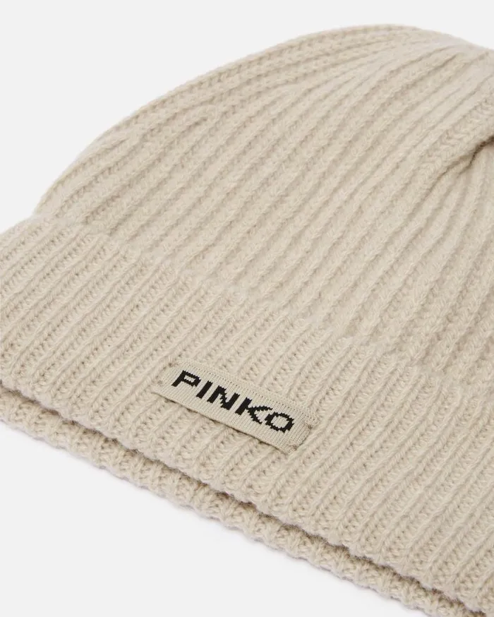 Pinko Ribbed Wool Hat With Logo Beige 8211 Mole Grey Women Hats
