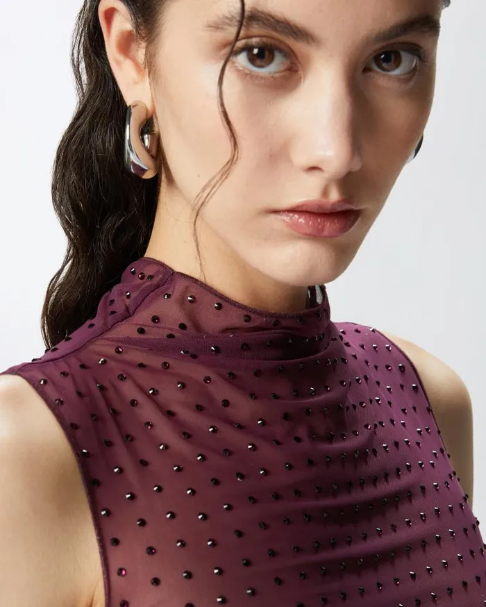 Pinko Sleeveless Tulle Top With Rhinestones Grape Wine Women Topwear
