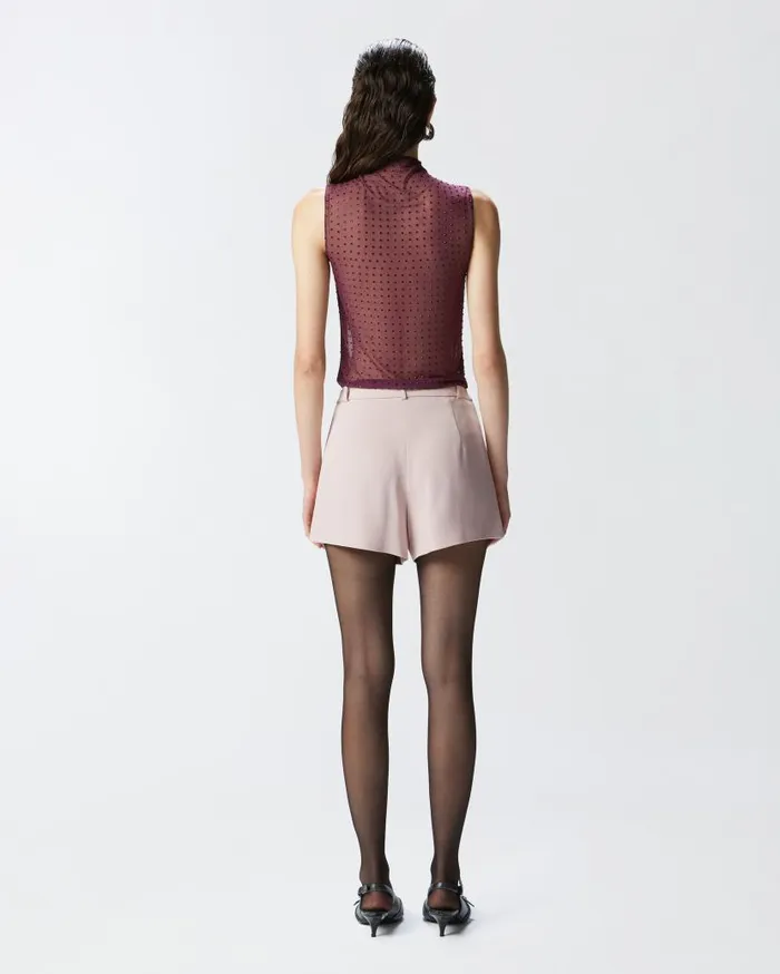 Pinko Sleeveless Tulle Top With Rhinestones Grape Wine Women Topwear
