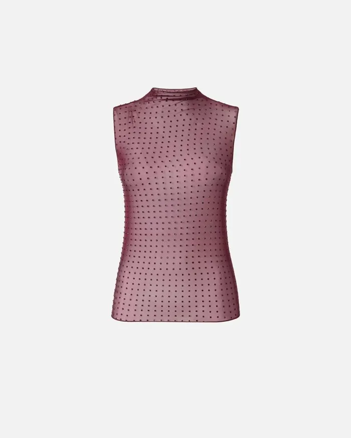 Pinko Sleeveless Tulle Top With Rhinestones Grape Wine Women Topwear