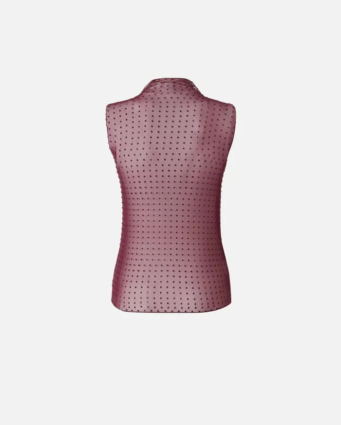 Pinko Sleeveless Tulle Top With Rhinestones Grape Wine Women Topwear