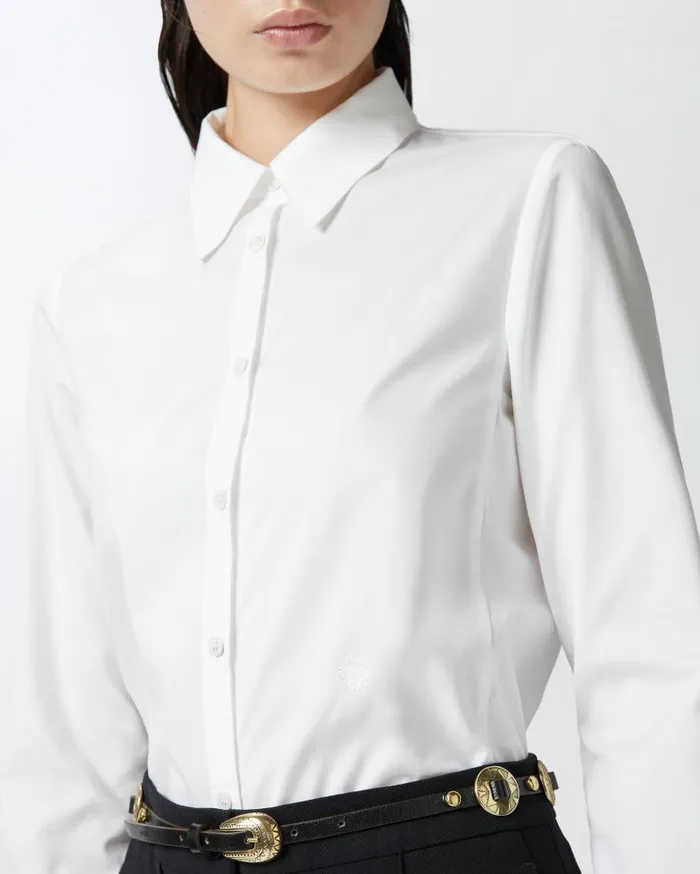 Pinko Slimfit Stretch Poplin Shit With Embroidery Bright White Women Shirts And Blouses