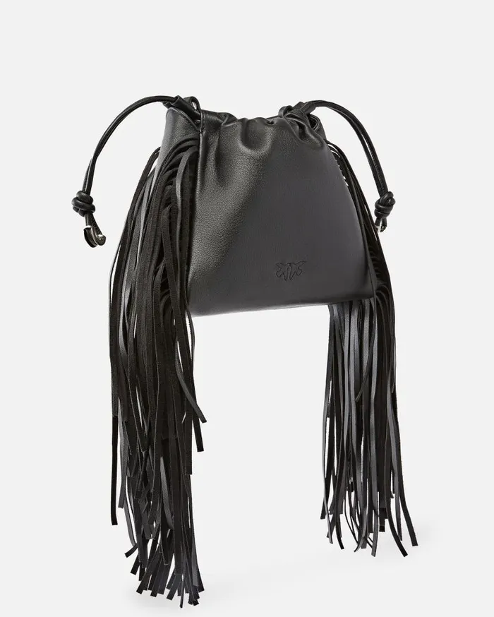 Pinko Soft Leather Bag With Fringes Limo Blackbrushed Silver Women Crossbody Bags