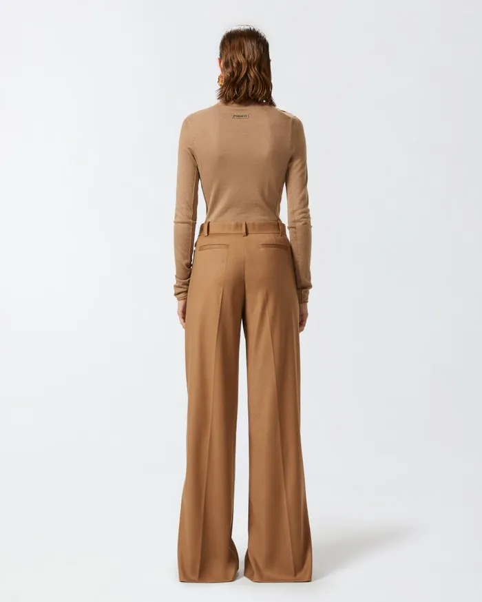 Pinko Stretch Wool Flannel Palazzo Trousers Walnut Brown Women Trousers