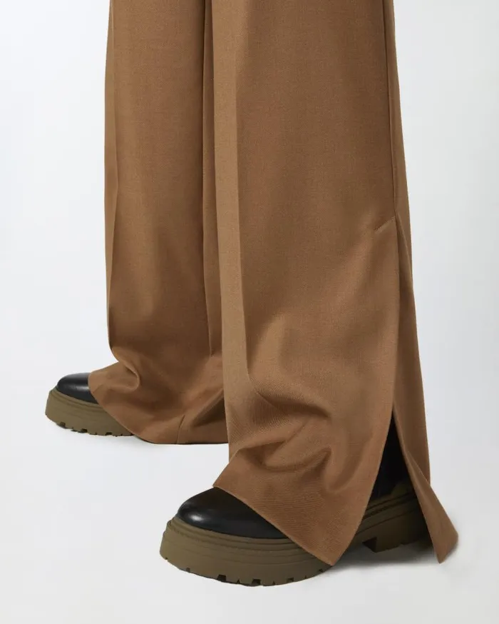Pinko Stretch Wool Flannel Palazzo Trousers Walnut Brown Women Trousers