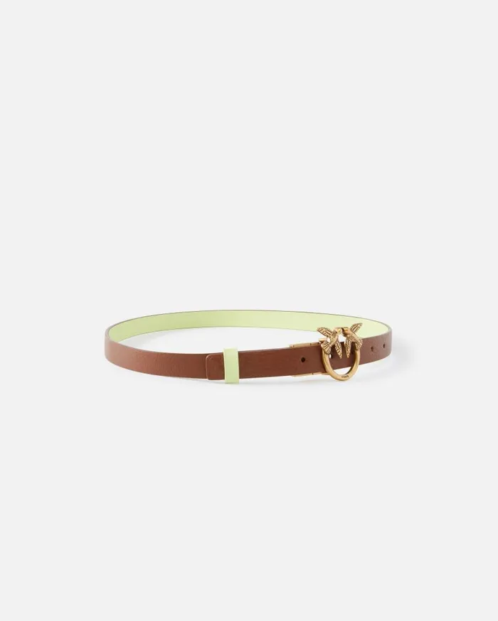 Pinko Thin Doubleface Leather Belt With Buckle 2cm Browngreenantiquegold Women Belts