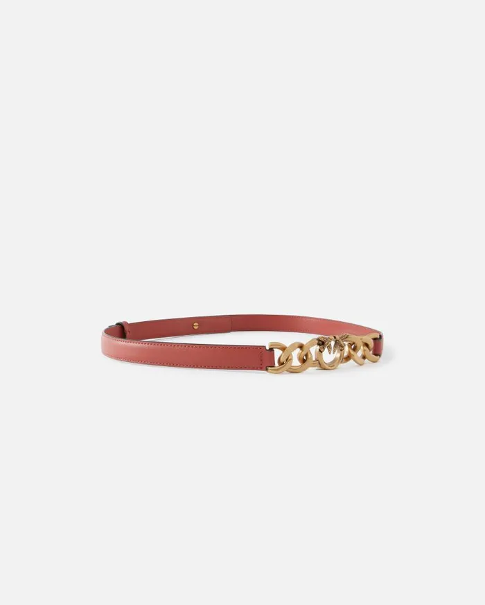 Pinko Thin Leather 2 Cm Belt With Chain Redblackantiquegold Women Belts
