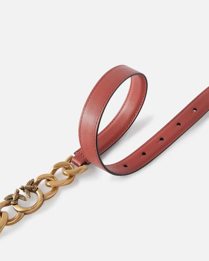 Pinko Thin Leather 2 Cm Belt With Chain Redblackantiquegold Women Belts
