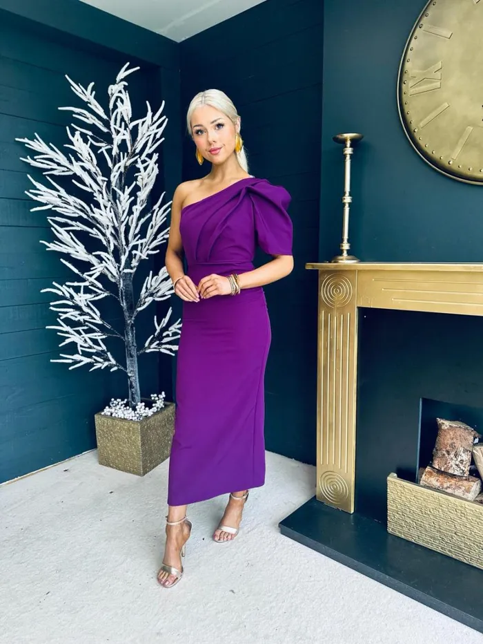 Rachel One Shoulder Occasion Midi Dress Berry Womens Canella Lane Maxi