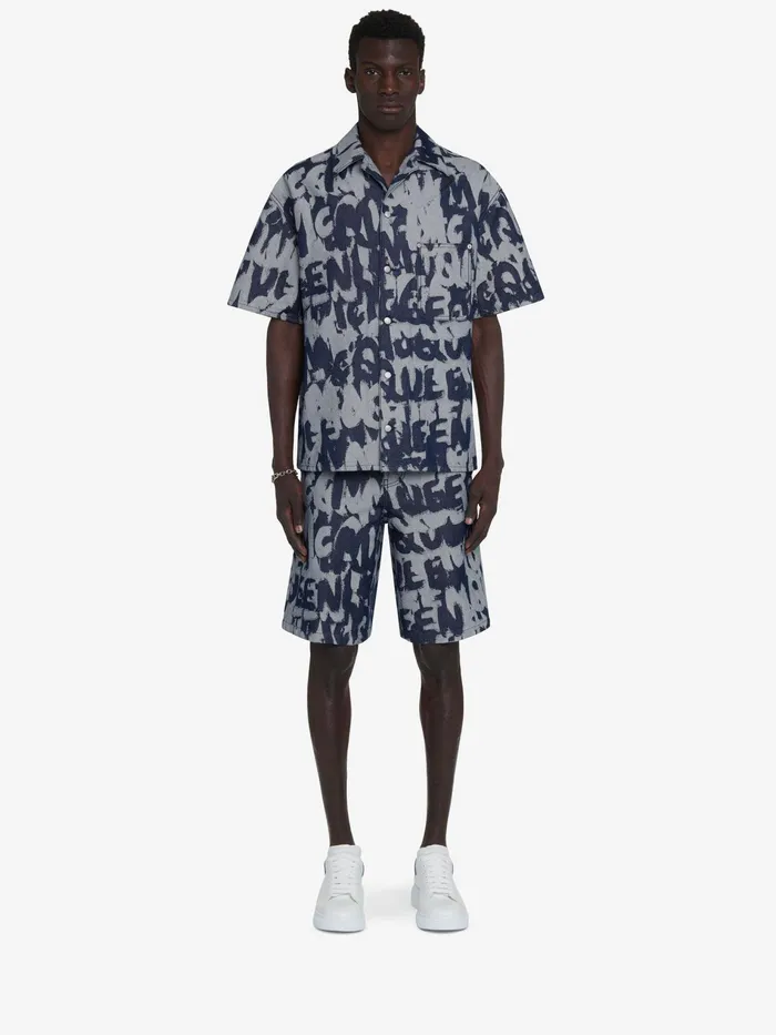 Shirts Men Alexander McQueen Mcqueen Graffiti Hawaiian Denim Shirt Indigo