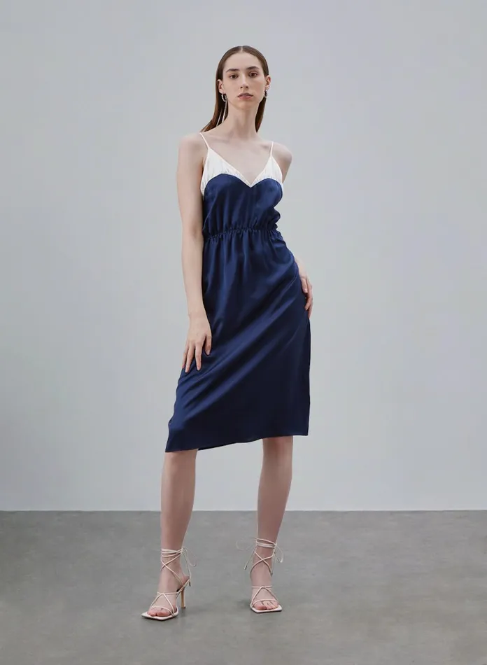 Silk Maison Jumpsuits Split Vneck Tunic Silk Slip Dress Navy 8211 Women
