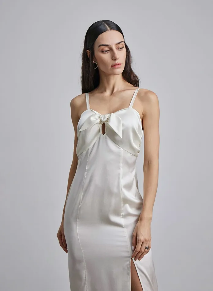 Silk Maison Slit Dresses Daria BowTie Silk Midi Dress Ivory 8211 Women
