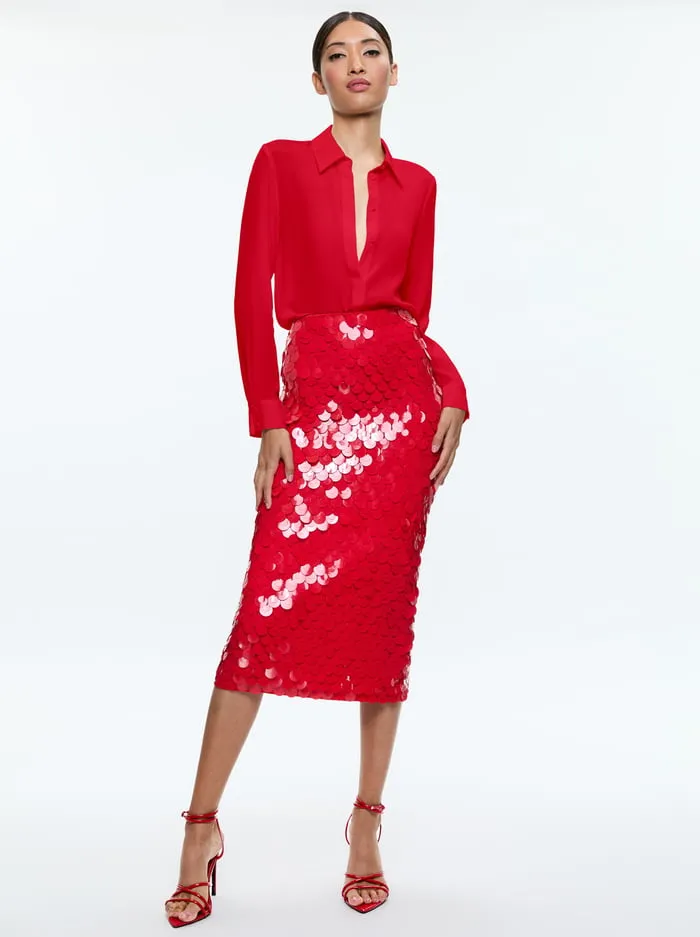 Skirts Women Alice Olivia Fifi Paillette Midi Skirt Bright Ruby