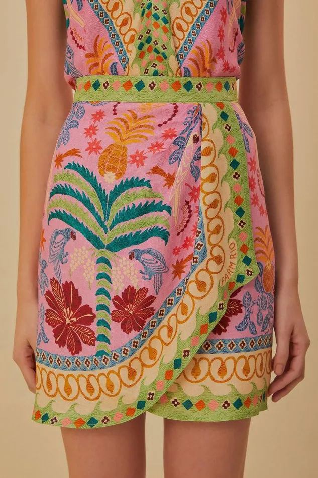 Skirts Women FARM Rio Pink Fruits Queen Scarf Lenzing Ecovero Viscose Mini Skirt