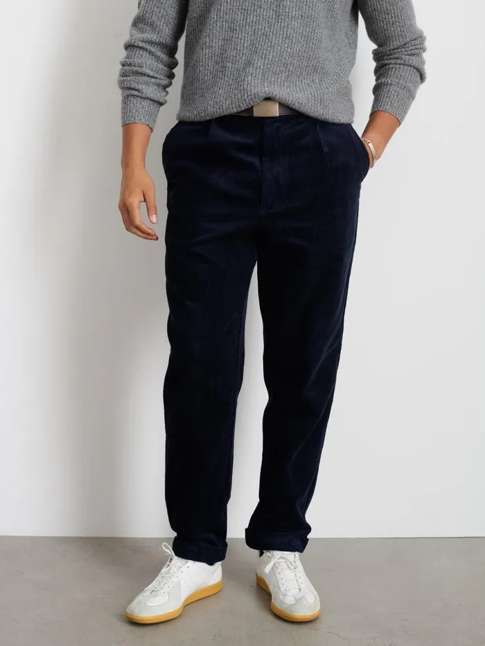 Standard Pleated Pant In Corduroy Long Inseam Dark Navy Men Alex Mill Suiting Blazers